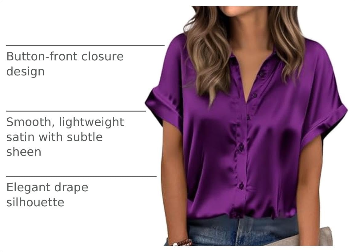 image:imageZeagoo Womens Satin Blouse Short Sleeve Silk Tops Button Down ShirtsPurple