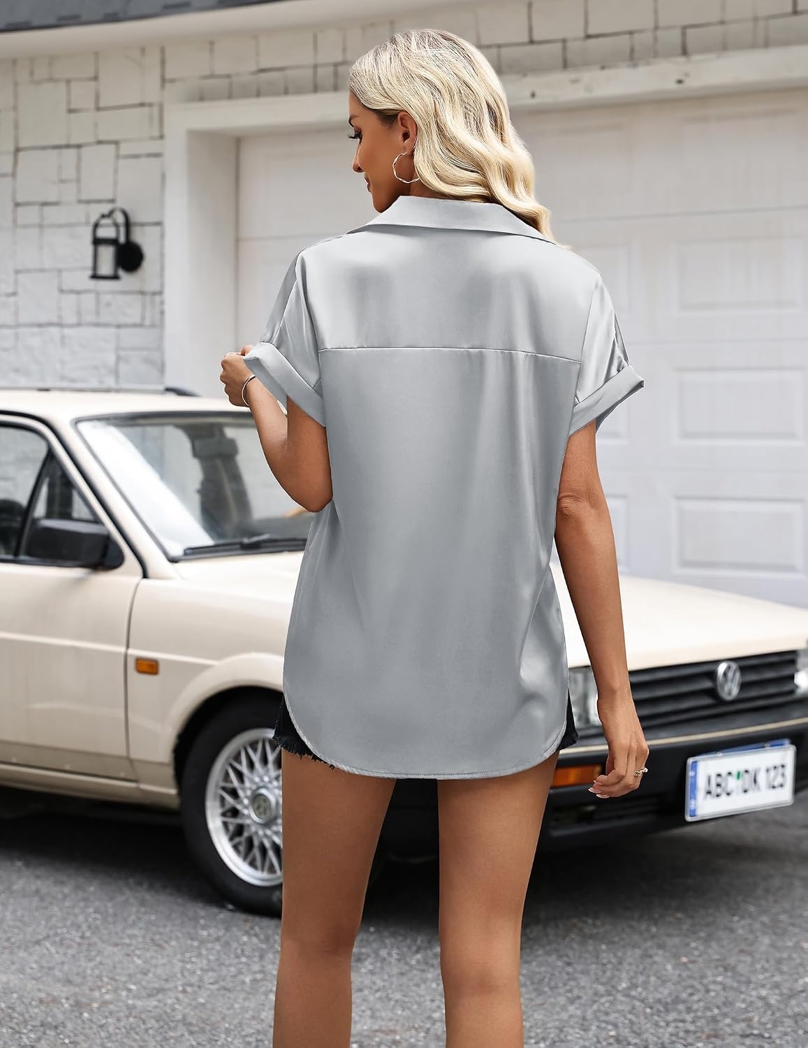 image:imageZeagoo Womens Satin Blouse Short Sleeve Silk Tops Button Down ShirtsSilver Grey
