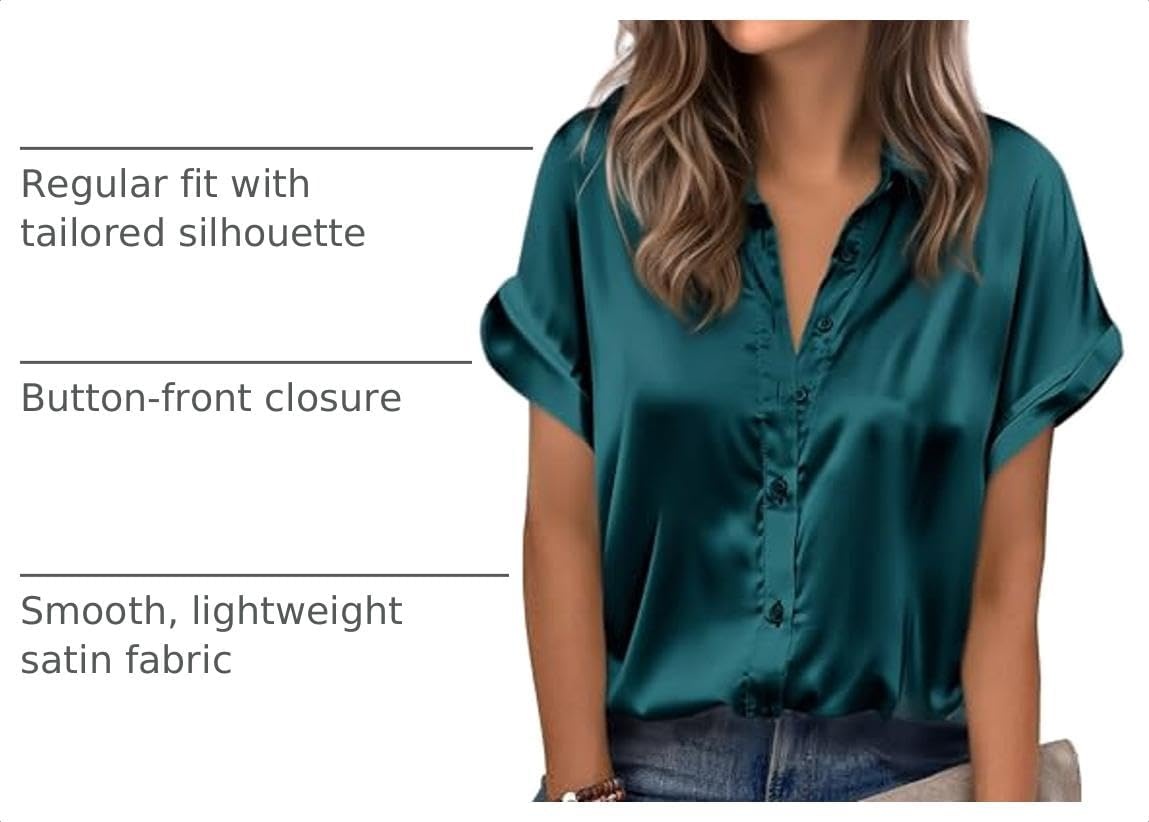 image:imageZeagoo Womens Satin Blouse Short Sleeve Silk Tops Button Down ShirtsTeal
