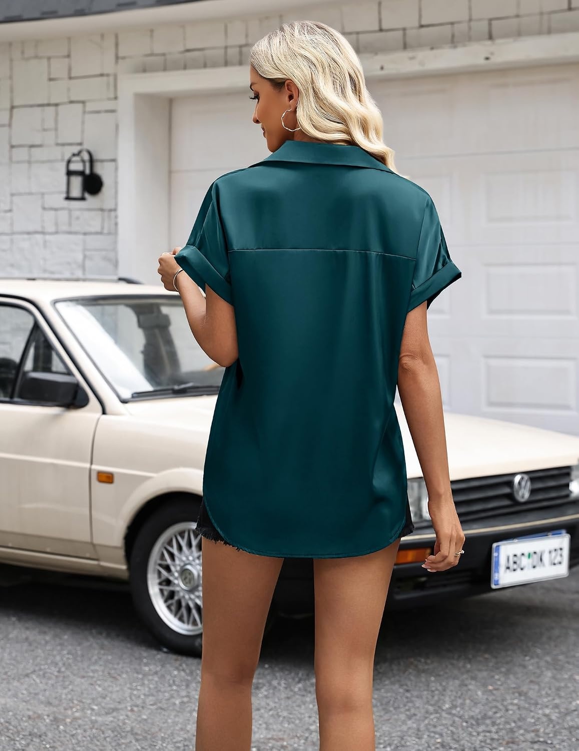 image:imageZeagoo Womens Satin Blouse Short Sleeve Silk Tops Button Down ShirtsTeal