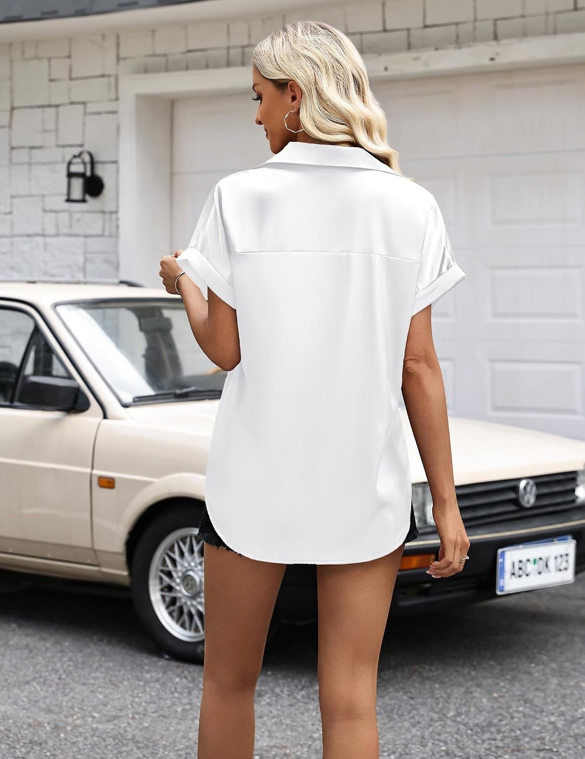 image:imageZeagoo Womens Satin Blouse Short Sleeve Silk Tops Button Down ShirtsWhite