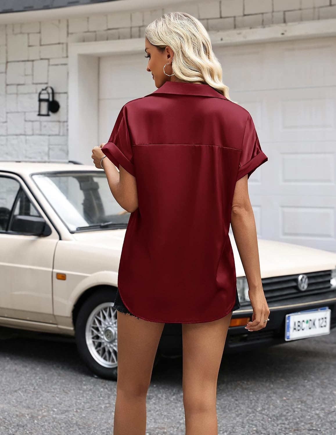 image:imageZeagoo Womens Satin Blouse Short Sleeve Silk Tops Button Down ShirtsWine Red