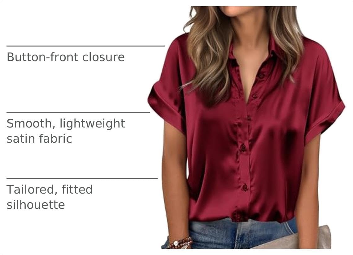 image:imageZeagoo Womens Satin Blouse Short Sleeve Silk Tops Button Down ShirtsWine Red