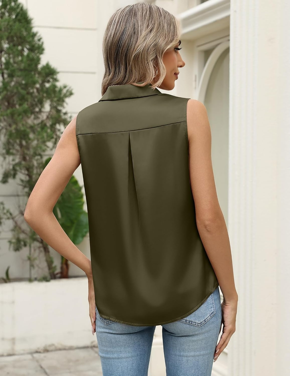 image:imageZeagoo Womens Satin Blouse Sleeveless Silk Tank Tops Button Down ShirtsArmy Green