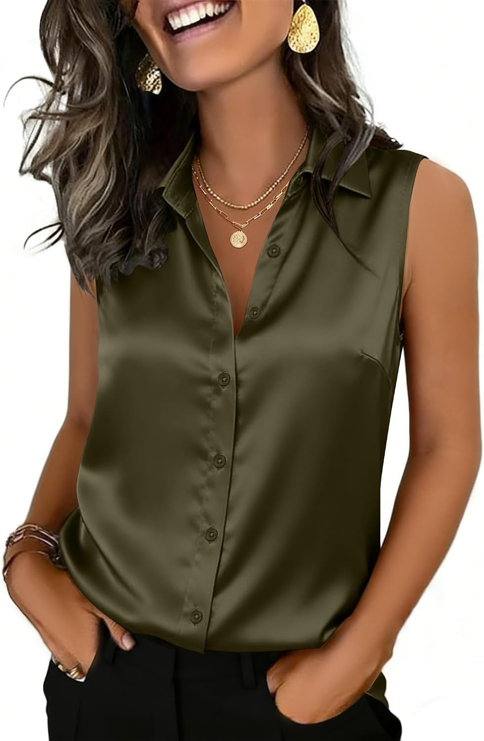 image:imageZeagoo Womens Satin Blouse Sleeveless Silk Tank Tops Button Down ShirtsArmy Green