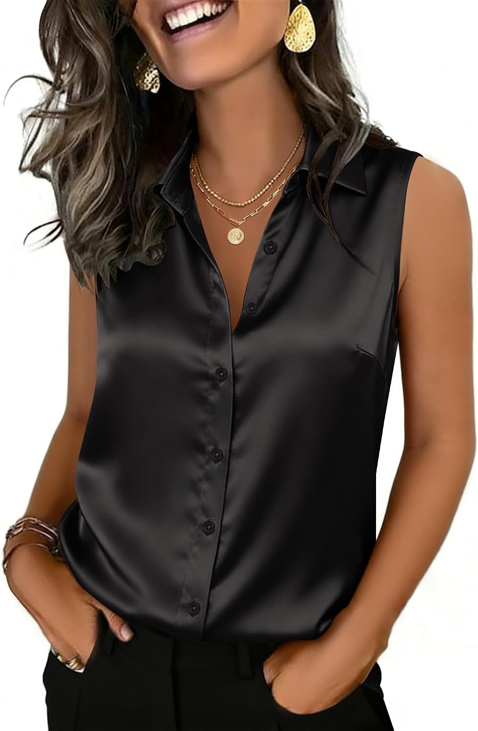 image:imageZeagoo Womens Satin Blouse Sleeveless Silk Tank Tops Button Down ShirtsBlack
