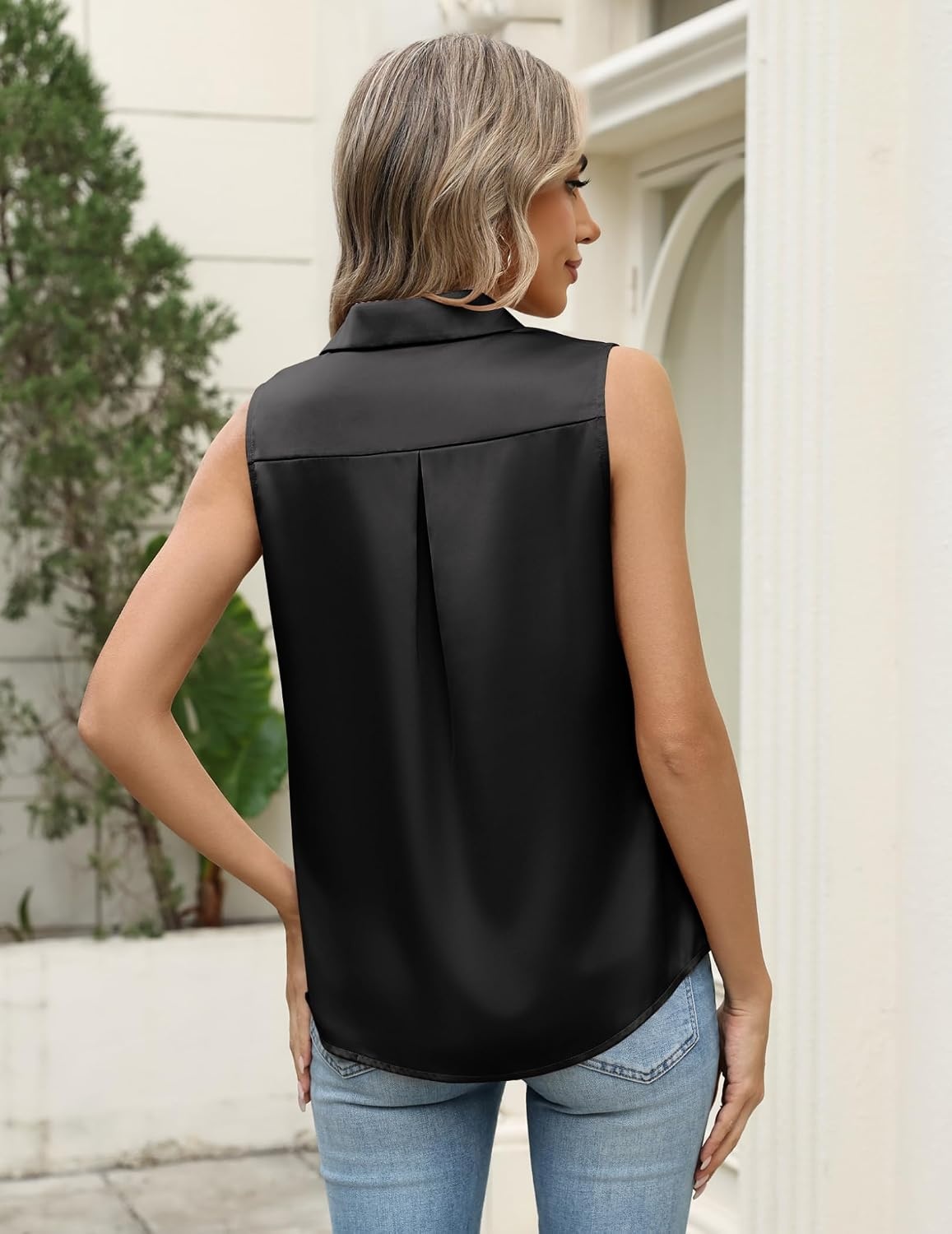 image:imageZeagoo Womens Satin Blouse Sleeveless Silk Tank Tops Button Down ShirtsBlack