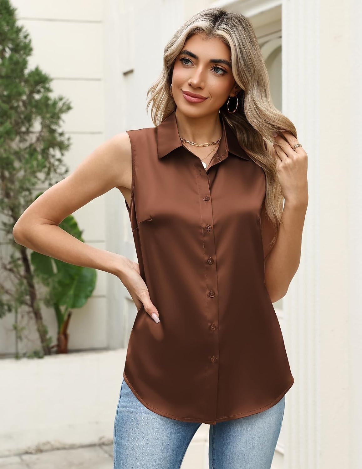 image:imageZeagoo Womens Satin Blouse Sleeveless Silk Tank Tops Button Down ShirtsBrown