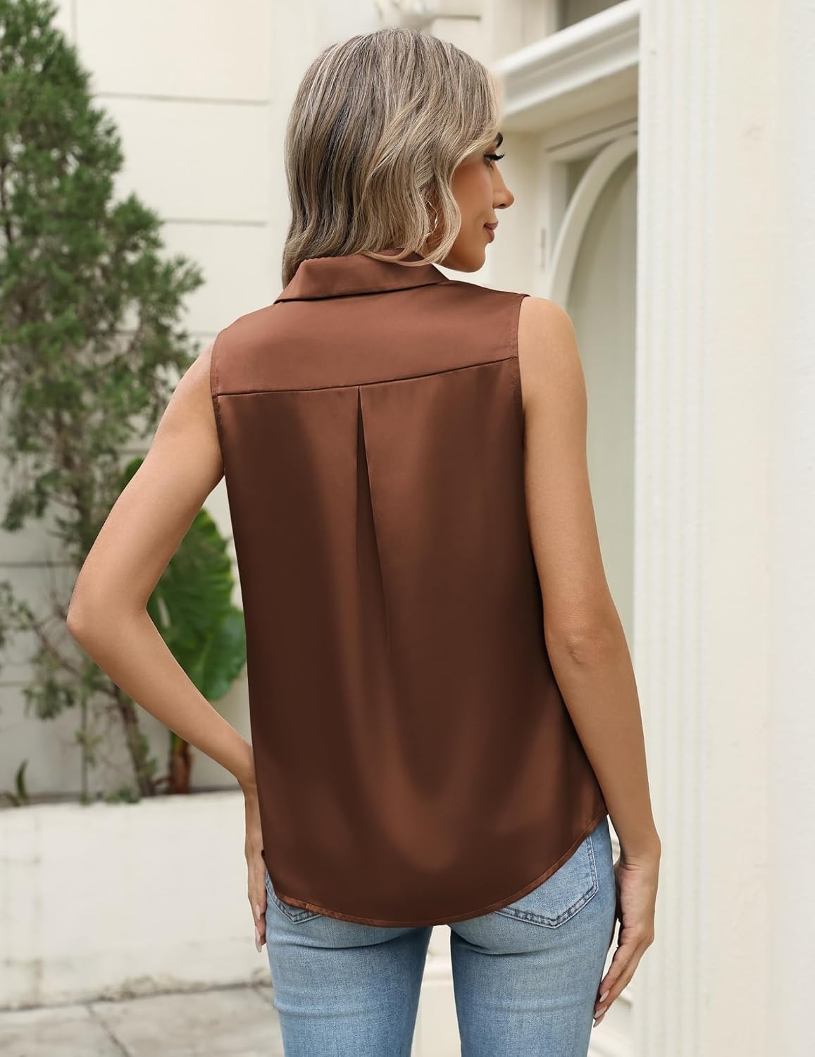 image:imageZeagoo Womens Satin Blouse Sleeveless Silk Tank Tops Button Down ShirtsBrown