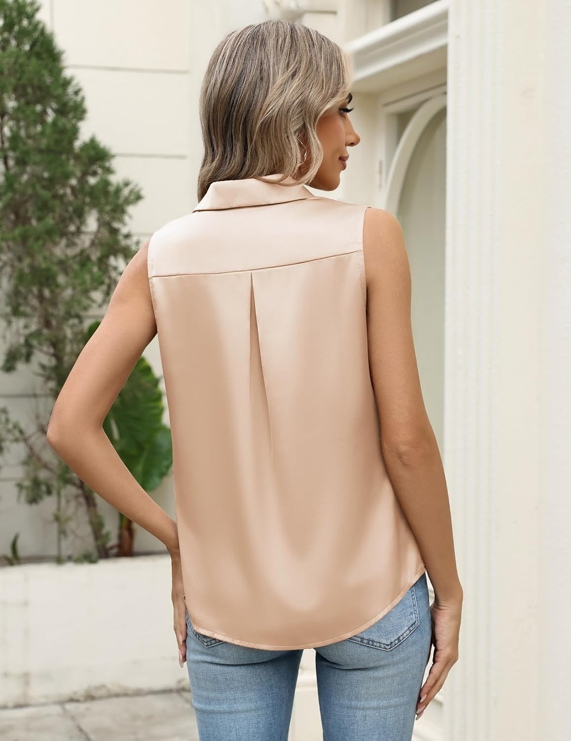 image:imageZeagoo Womens Satin Blouse Sleeveless Silk Tank Tops Button Down ShirtsKhaki
