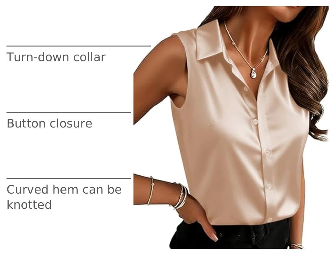 image:imageZeagoo Womens Satin Blouse Sleeveless Silk Tank Tops Button Down ShirtsKhaki