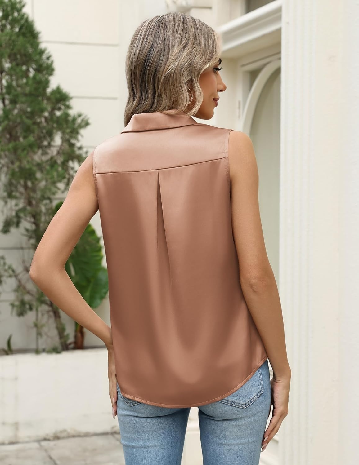 image:imageZeagoo Womens Satin Blouse Sleeveless Silk Tank Tops Button Down ShirtsLight Brown