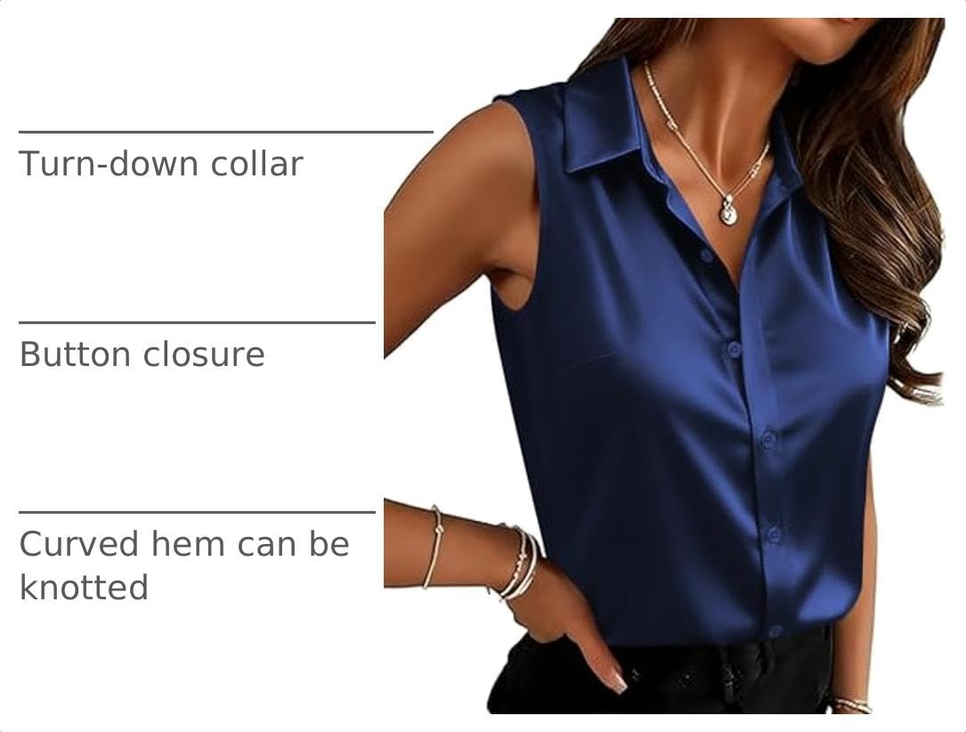 image:imageZeagoo Womens Satin Blouse Sleeveless Silk Tank Tops Button Down ShirtsNavy