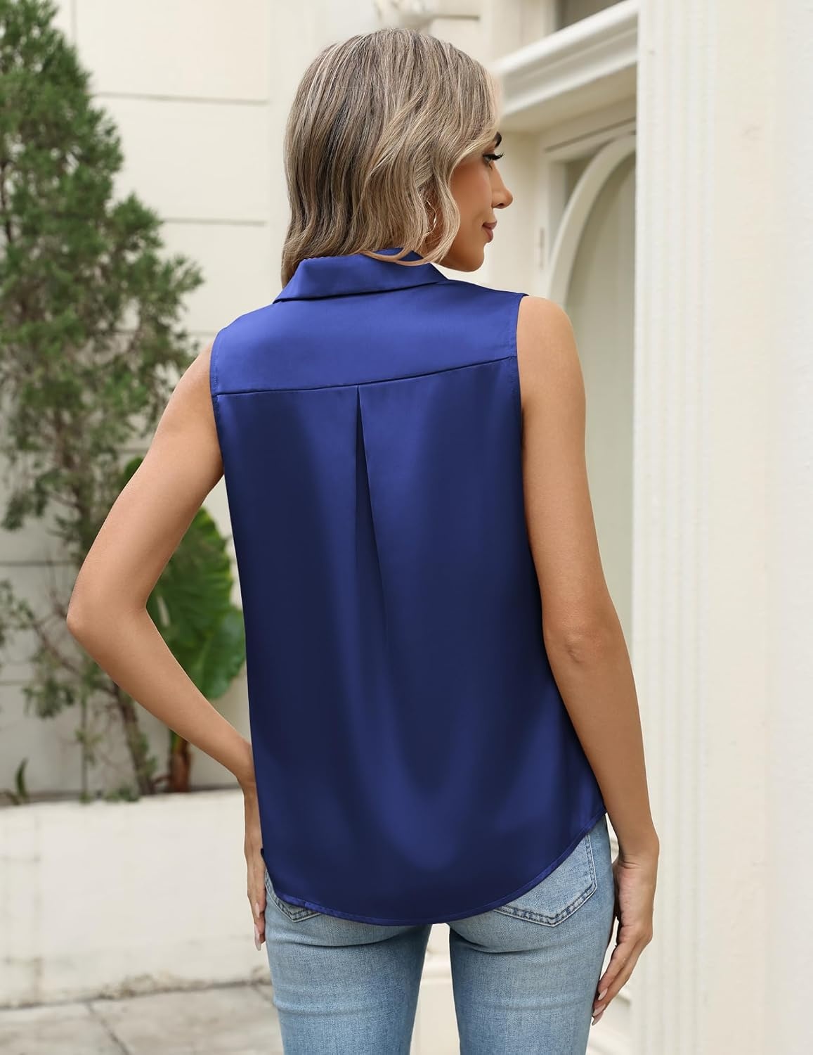 image:imageZeagoo Womens Satin Blouse Sleeveless Silk Tank Tops Button Down ShirtsNavy