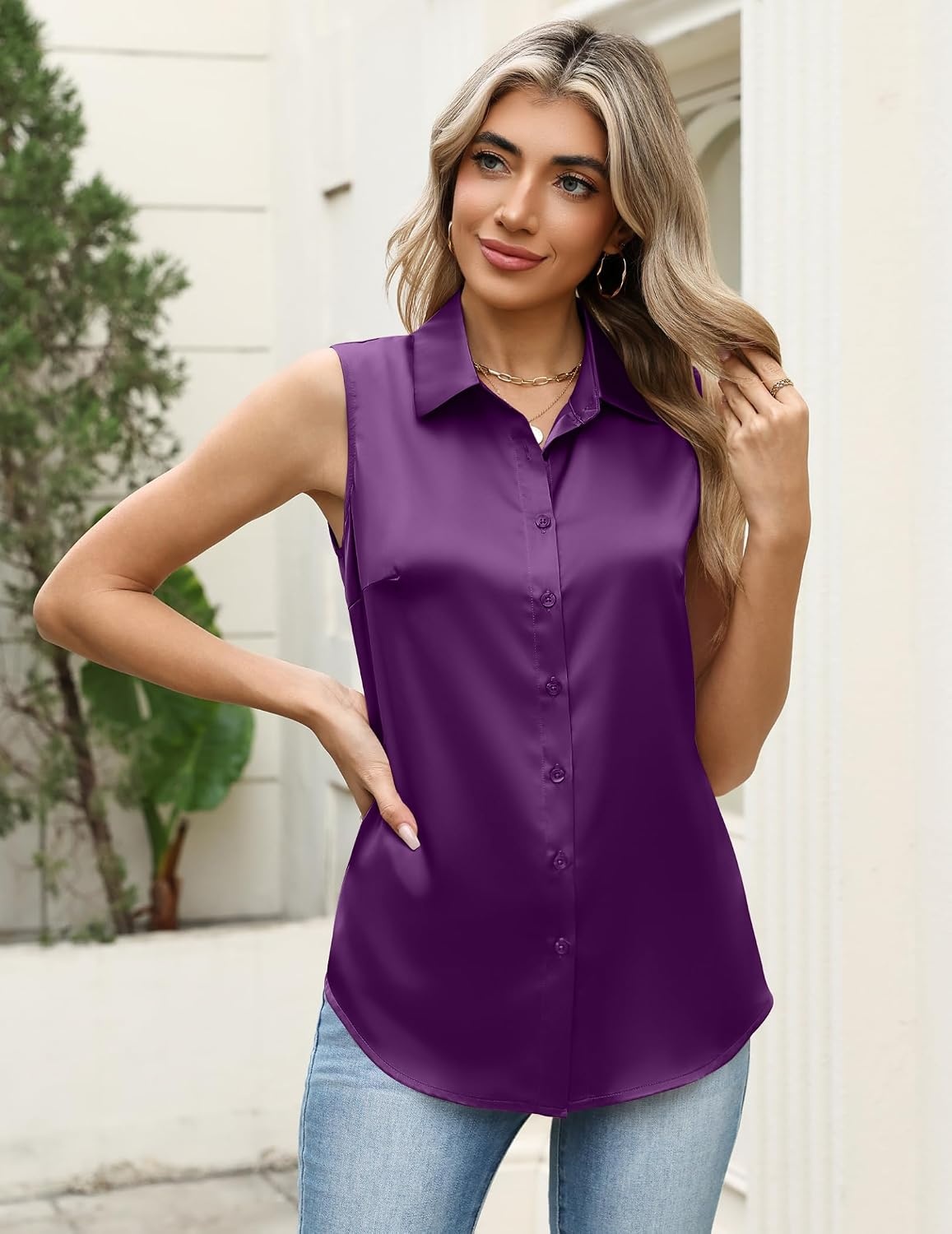 image:imageZeagoo Womens Satin Blouse Sleeveless Silk Tank Tops Button Down ShirtsPurple1