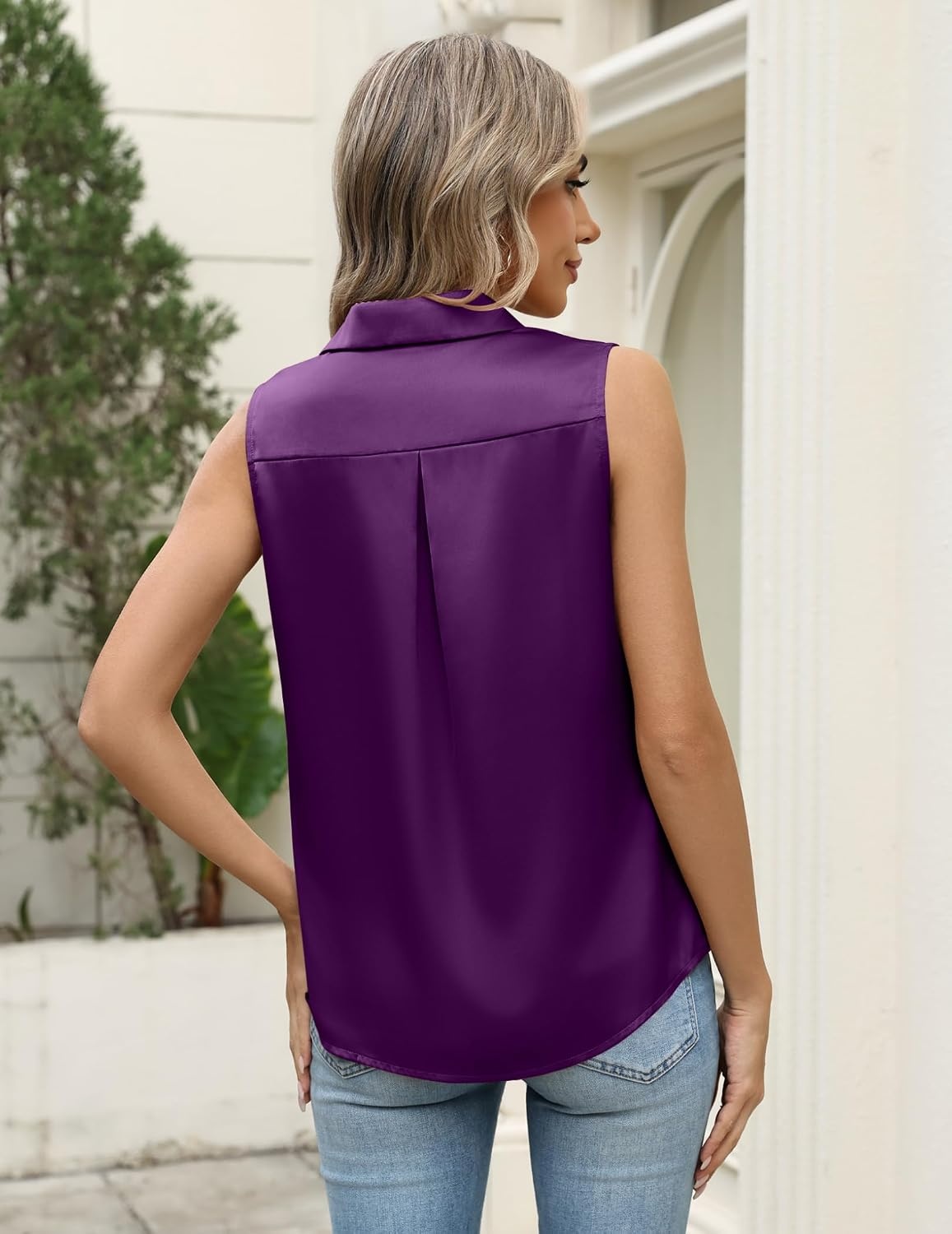 image:imageZeagoo Womens Satin Blouse Sleeveless Silk Tank Tops Button Down ShirtsPurple1