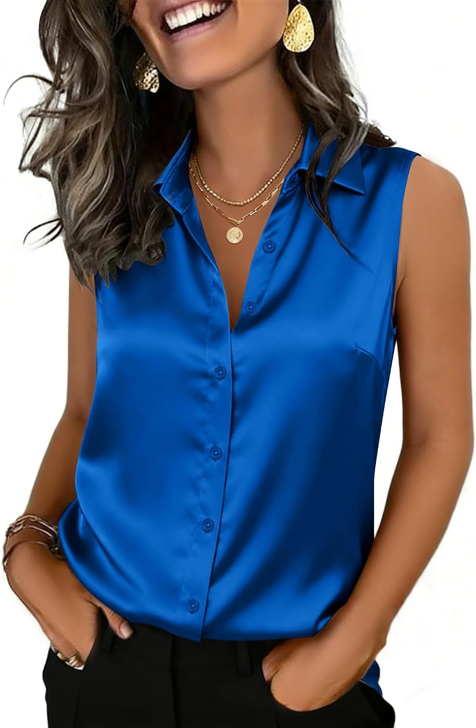 image:imageZeagoo Womens Satin Blouse Sleeveless Silk Tank Tops Button Down ShirtsRoyal Blue