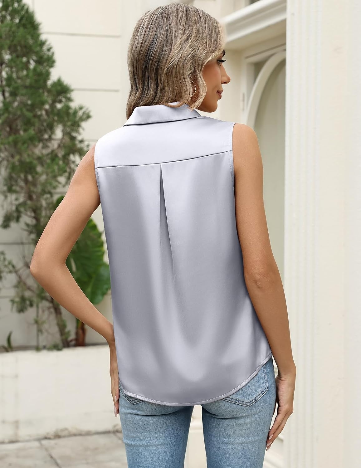 image:imageZeagoo Womens Satin Blouse Sleeveless Silk Tank Tops Button Down ShirtsSilver
