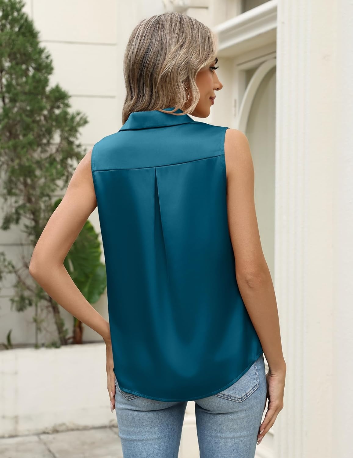image:imageZeagoo Womens Satin Blouse Sleeveless Silk Tank Tops Button Down ShirtsTeal Blue1