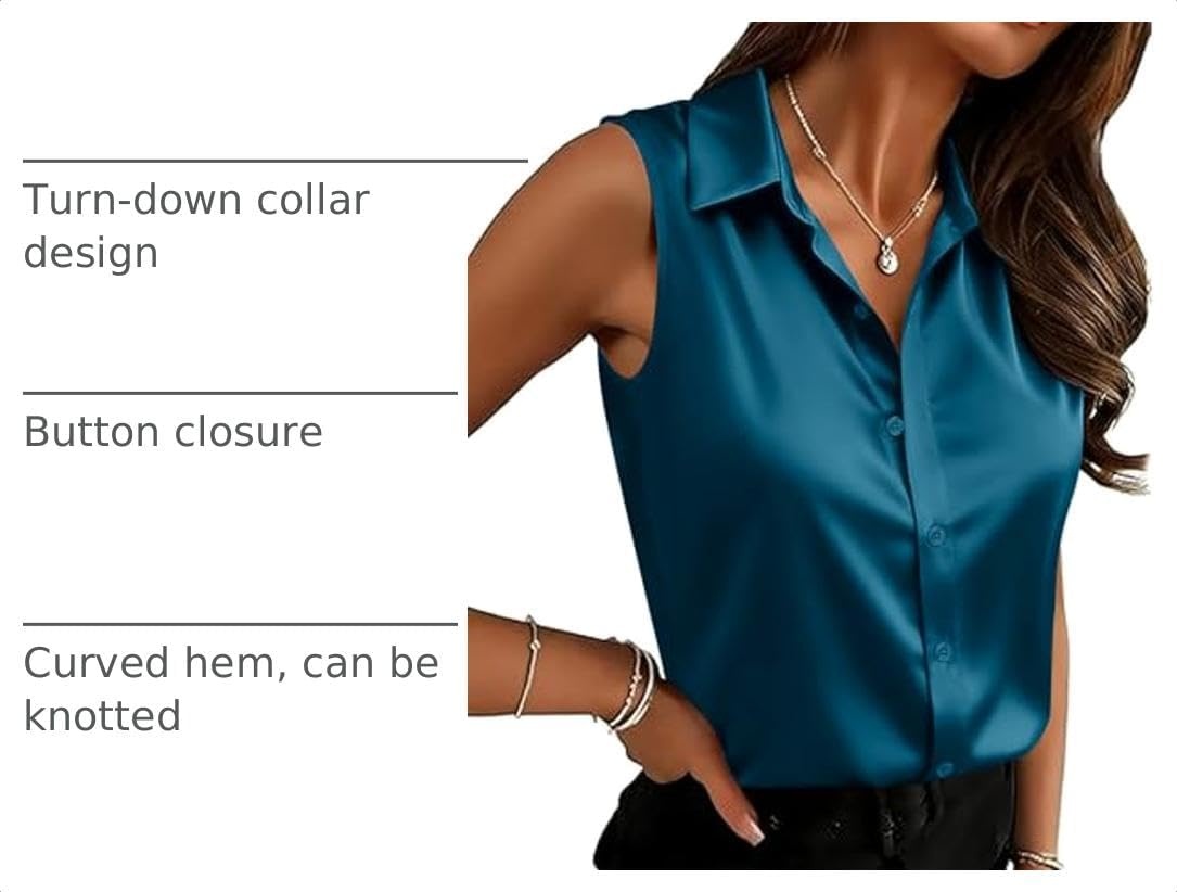 image:imageZeagoo Womens Satin Blouse Sleeveless Silk Tank Tops Button Down ShirtsTeal Blue1