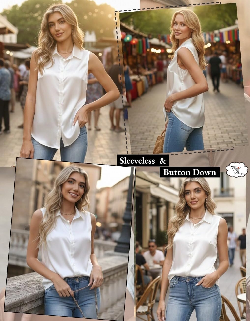 image:imageZeagoo Womens Satin Blouse Sleeveless Silk Tank Tops Button Down ShirtsWhite