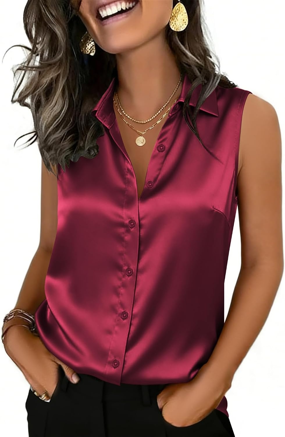 image:imageZeagoo Womens Satin Blouse Sleeveless Silk Tank Tops Button Down ShirtsWine Red