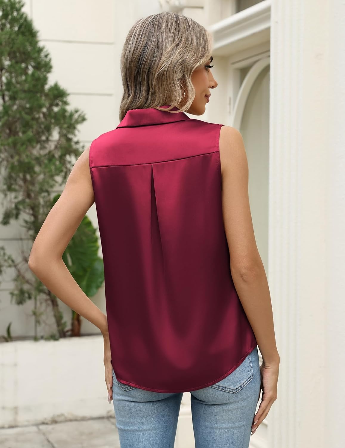 image:imageZeagoo Womens Satin Blouse Sleeveless Silk Tank Tops Button Down ShirtsWine Red