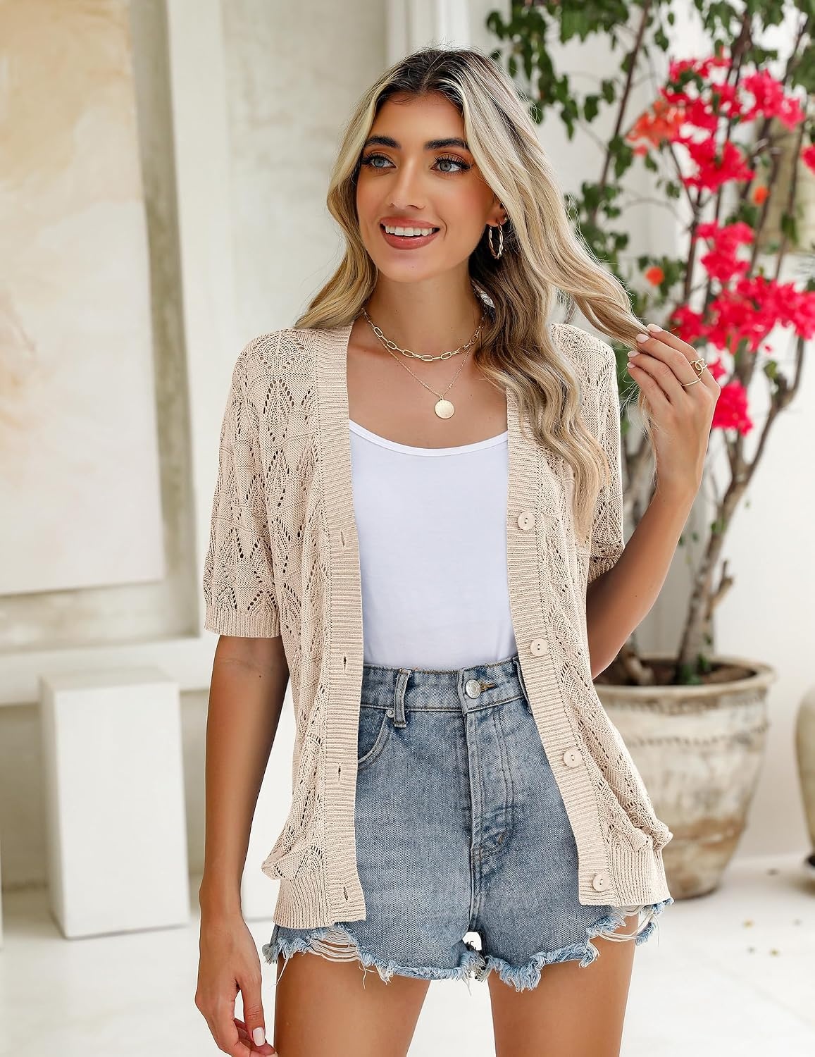 image:imageZeagoo Womens Short Sleeve Sweaters 2026 Summer Crochet Cropped CardiganApricot