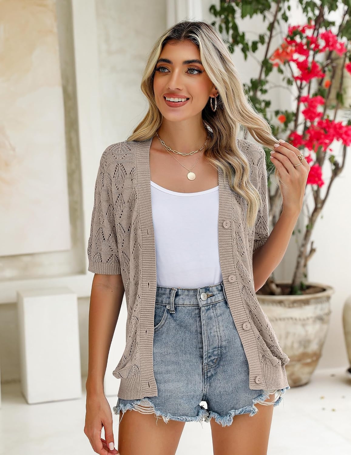 image:imageZeagoo Womens Short Sleeve Sweaters 2026 Summer Crochet Cropped CardiganBeige