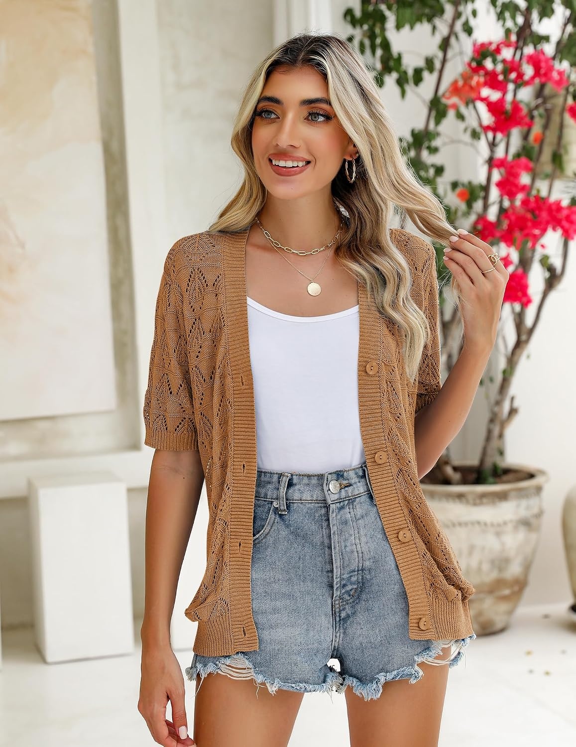 image:imageZeagoo Womens Short Sleeve Sweaters 2026 Summer Crochet Cropped CardiganBrown
