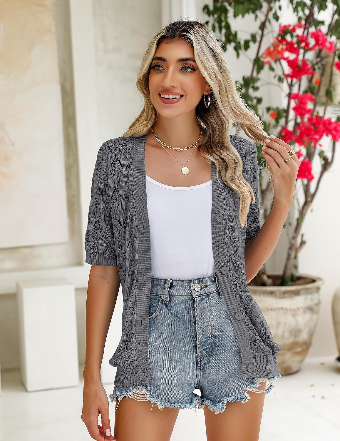 image:imageZeagoo Womens Short Sleeve Sweaters 2026 Summer Crochet Cropped CardiganDark Grey