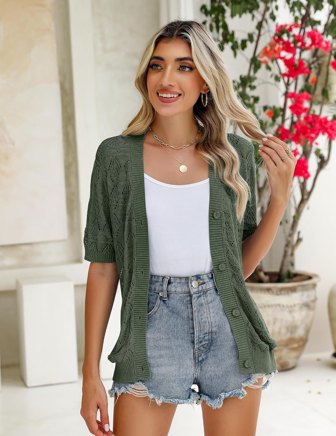 image:imageZeagoo Womens Short Sleeve Sweaters 2026 Summer Crochet Cropped CardiganGreen