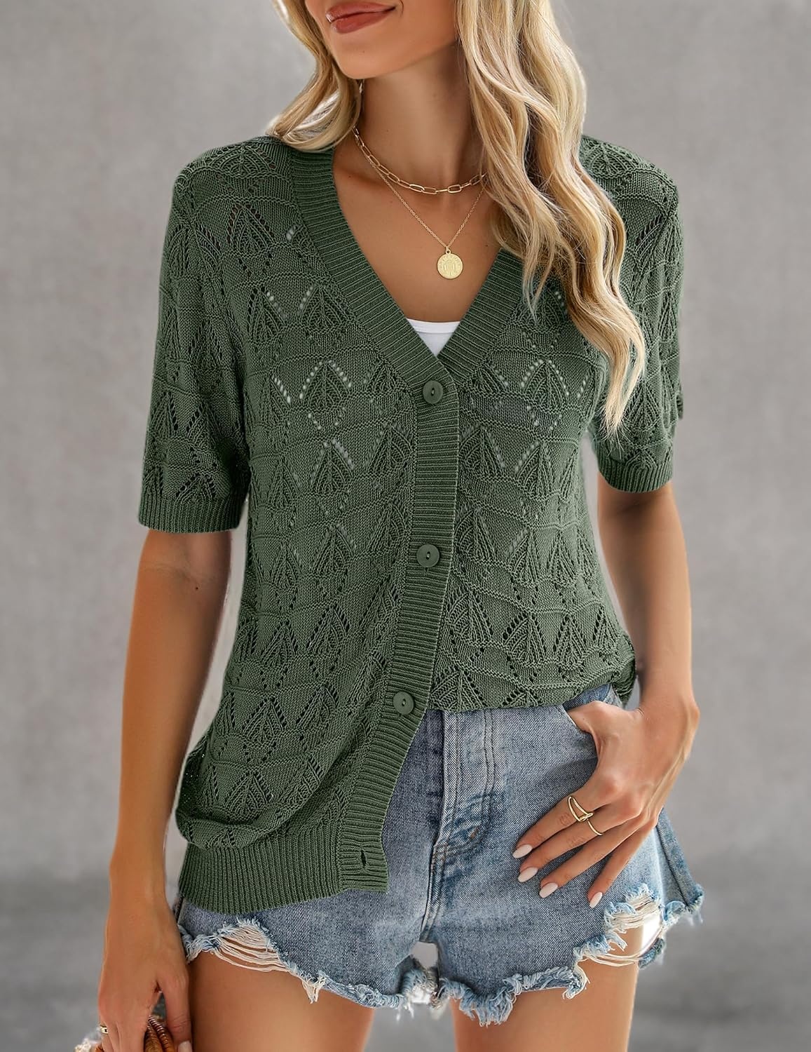 image:imageZeagoo Womens Short Sleeve Sweaters 2026 Summer Crochet Cropped CardiganGreen