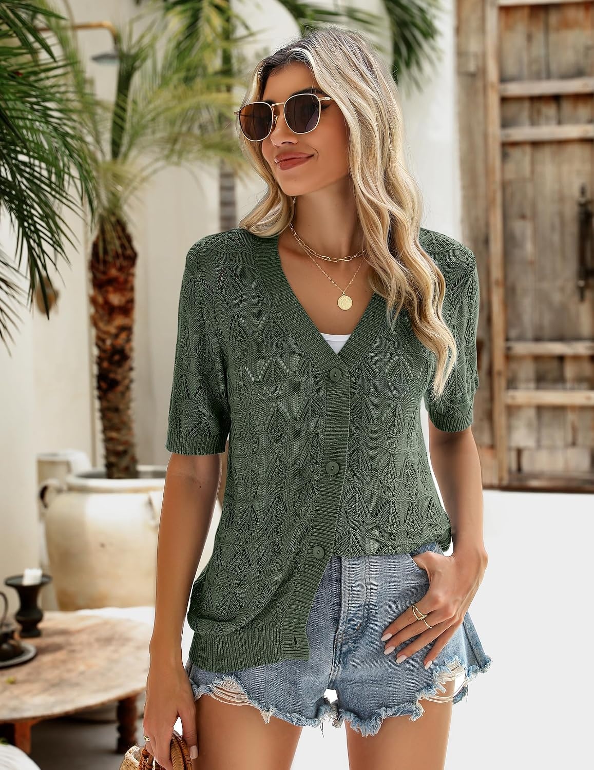 image:imageZeagoo Womens Short Sleeve Sweaters 2026 Summer Crochet Cropped CardiganGreen
