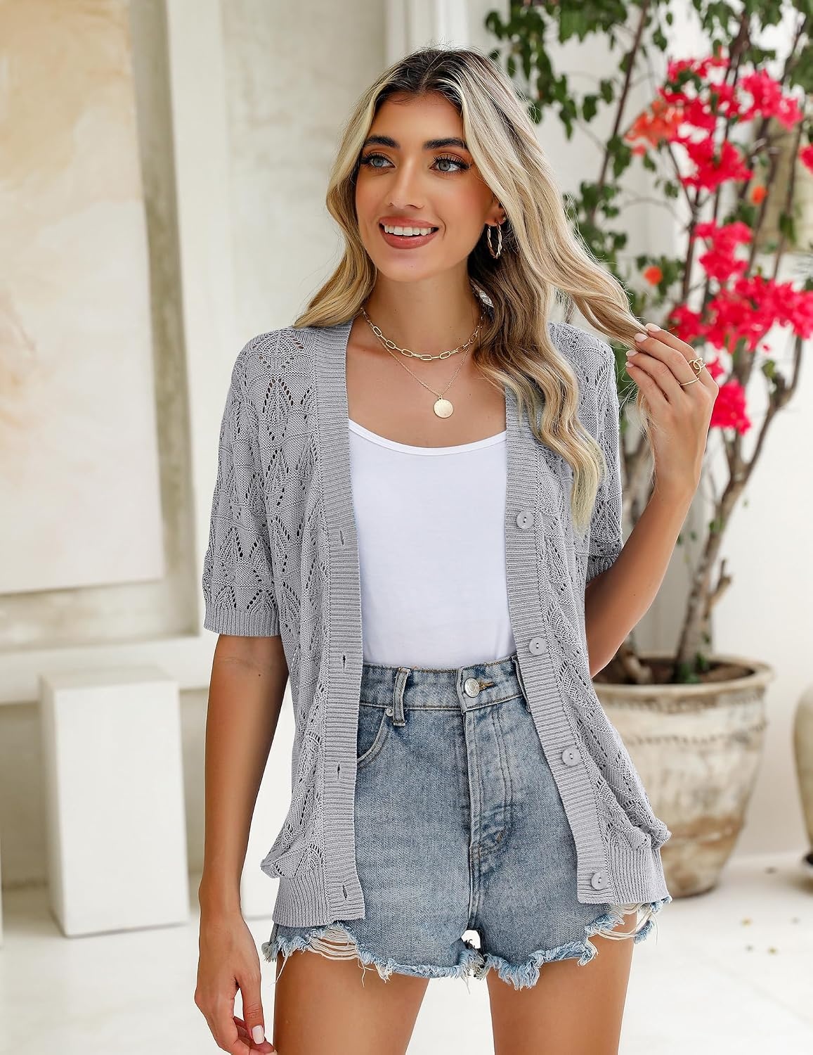 image:imageZeagoo Womens Short Sleeve Sweaters 2026 Summer Crochet Cropped CardiganGrey