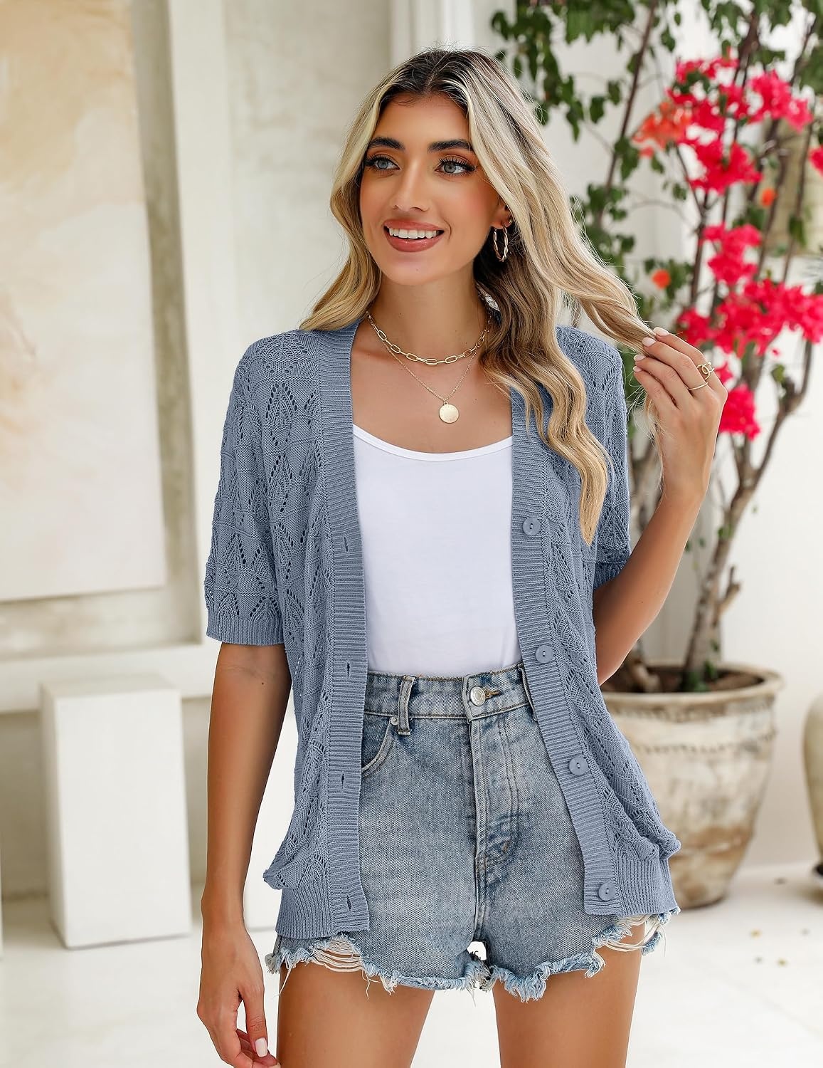 image:imageZeagoo Womens Short Sleeve Sweaters 2026 Summer Crochet Cropped CardiganGrey Blue