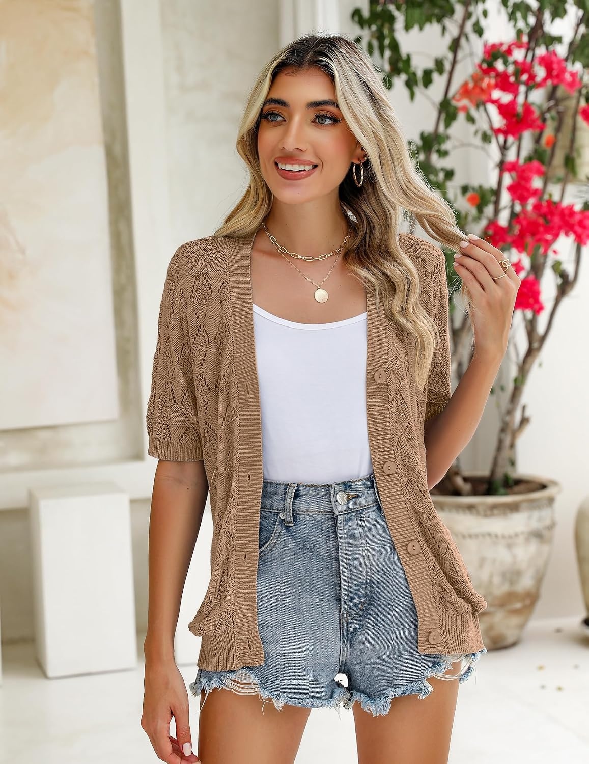 image:imageZeagoo Womens Short Sleeve Sweaters 2026 Summer Crochet Cropped CardiganKhaki