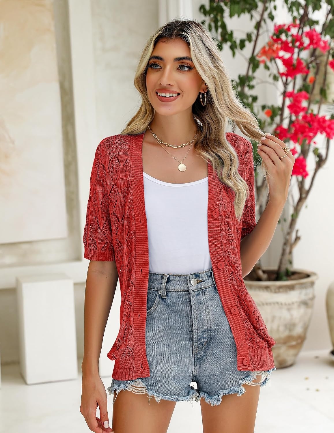 image:imageZeagoo Womens Short Sleeve Sweaters 2026 Summer Crochet Cropped CardiganRed