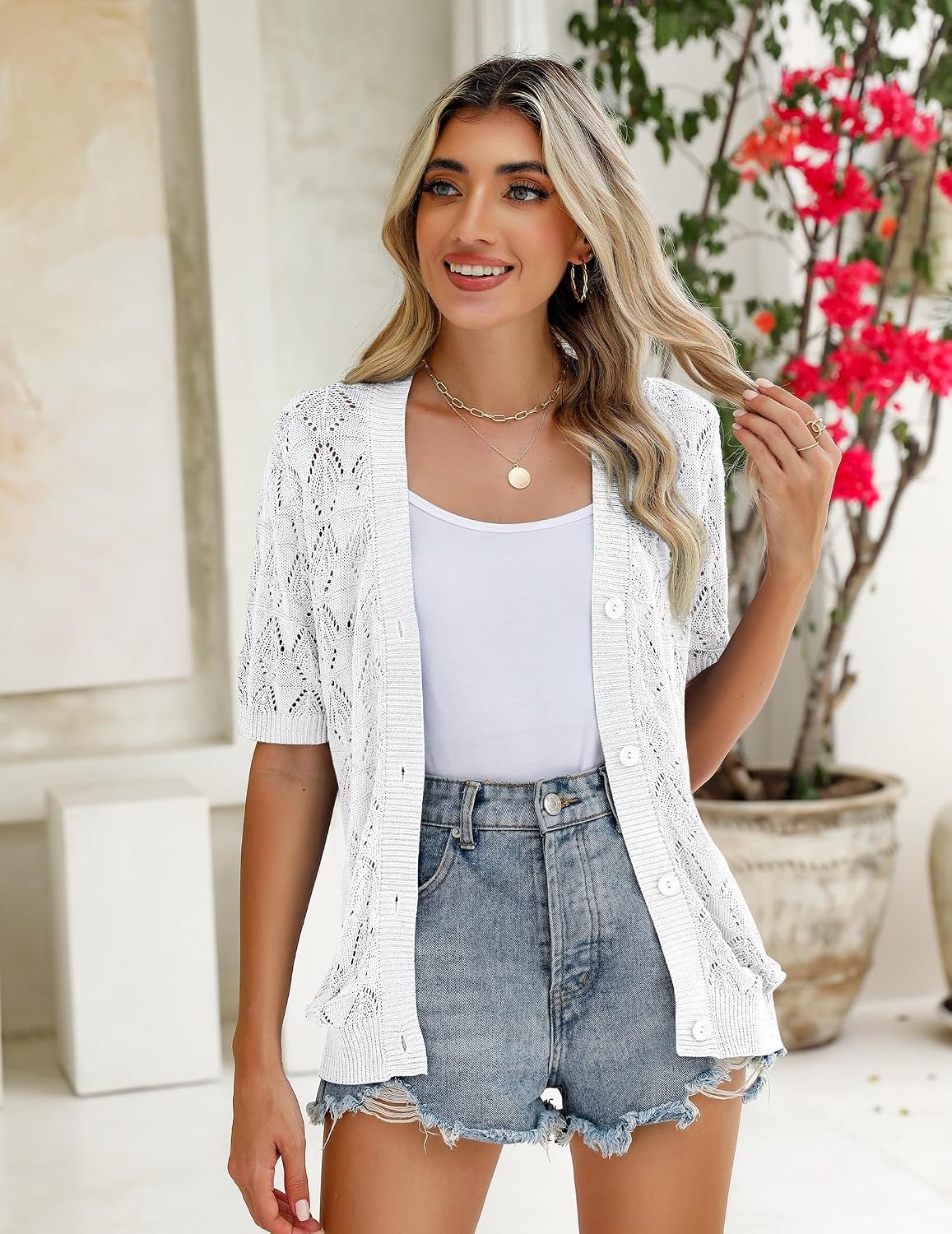 image:imageZeagoo Womens Short Sleeve Sweaters 2026 Summer Crochet Cropped CardiganWhite