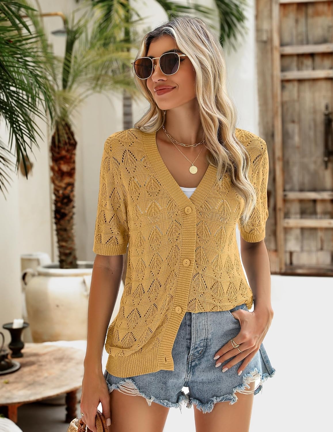 image:imageZeagoo Womens Short Sleeve Sweaters 2026 Summer Crochet Cropped CardiganYellow
