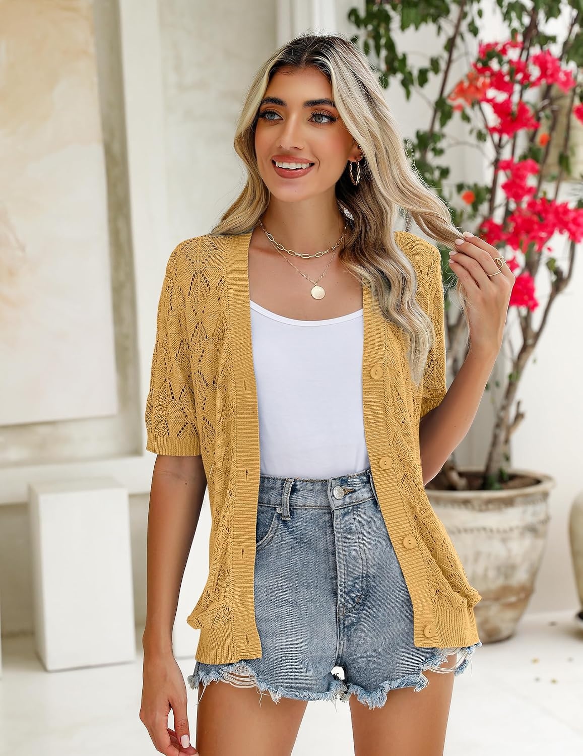 image:imageZeagoo Womens Short Sleeve Sweaters 2026 Summer Crochet Cropped CardiganYellow