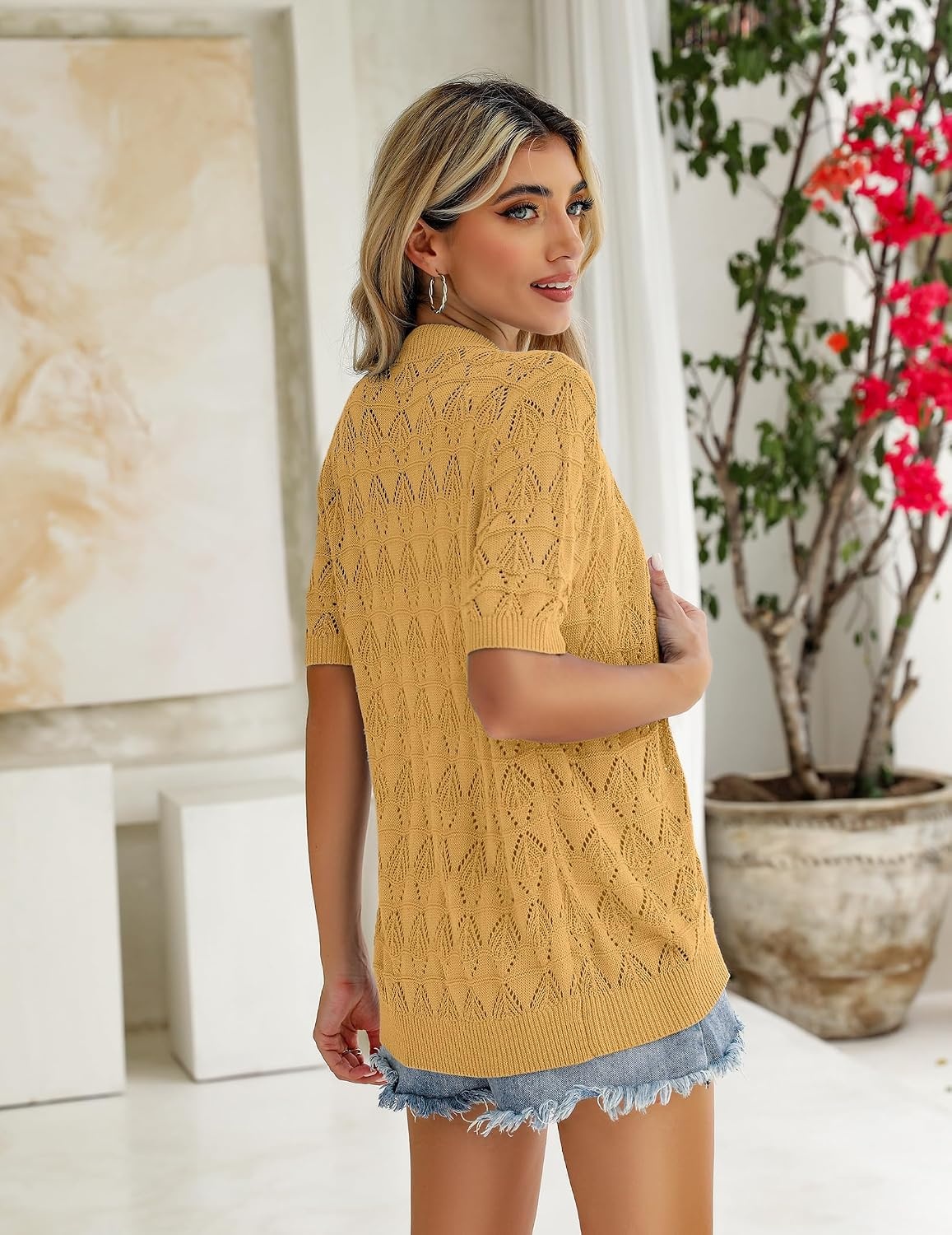 image:imageZeagoo Womens Short Sleeve Sweaters 2026 Summer Crochet Cropped CardiganYellow