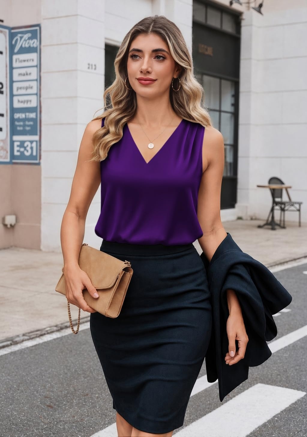 image:imageZeagoo Womens Silk Satin Camisole Tank Tops V Neck Blouses Work ShirtsPurple