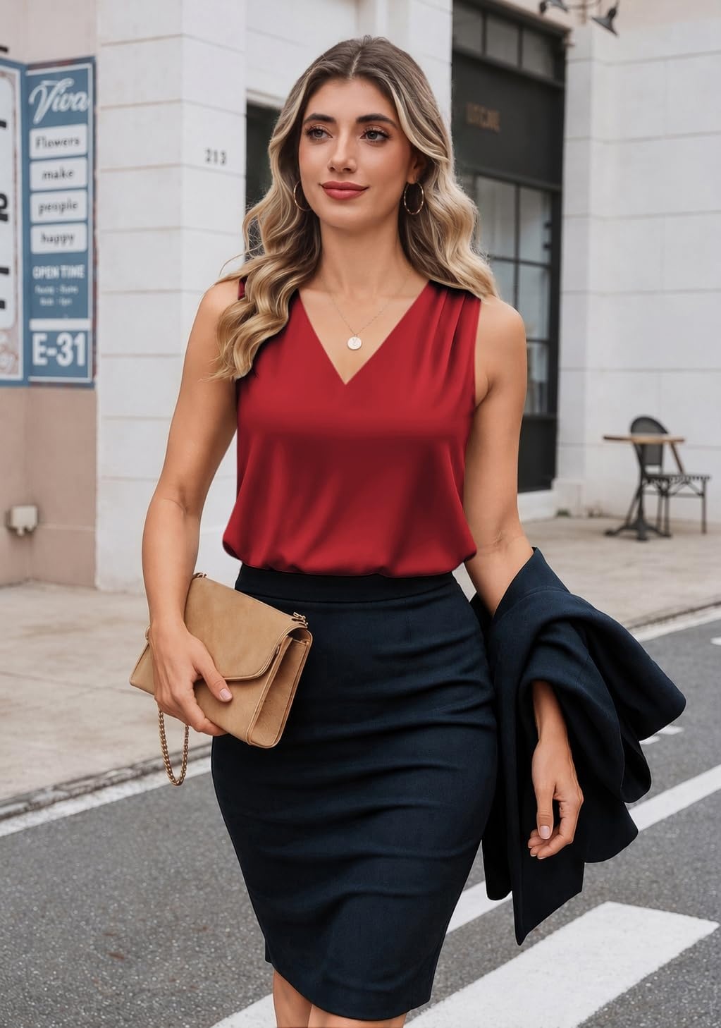 image:imageZeagoo Womens Silk Satin Camisole Tank Tops V Neck Blouses Work ShirtsRed