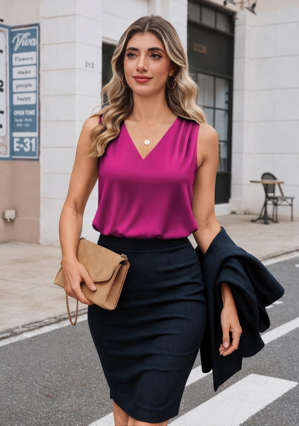image:imageZeagoo Womens Silk Satin Camisole Tank Tops V Neck Blouses Work ShirtsRose Red