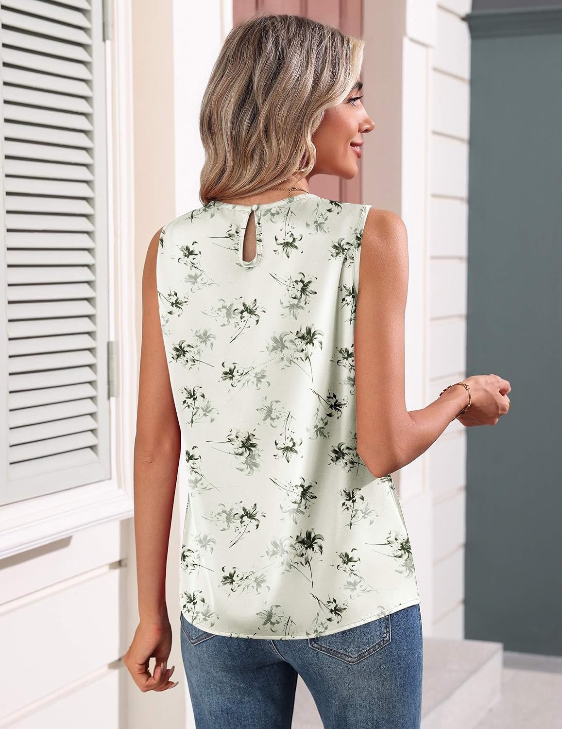 image:imageZeagoo Womens Silk Satin Tank Tops Crew Neck Pleated Camisole Sleeveless Business Work Blouse Dressy Casual Summer ShirtApricot Grey Floral
