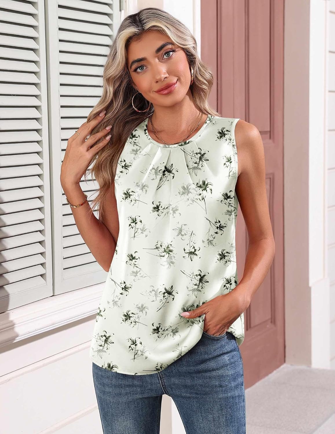 image:imageZeagoo Womens Silk Satin Tank Tops Crew Neck Pleated Camisole Sleeveless Business Work Blouse Dressy Casual Summer ShirtApricot Grey Floral