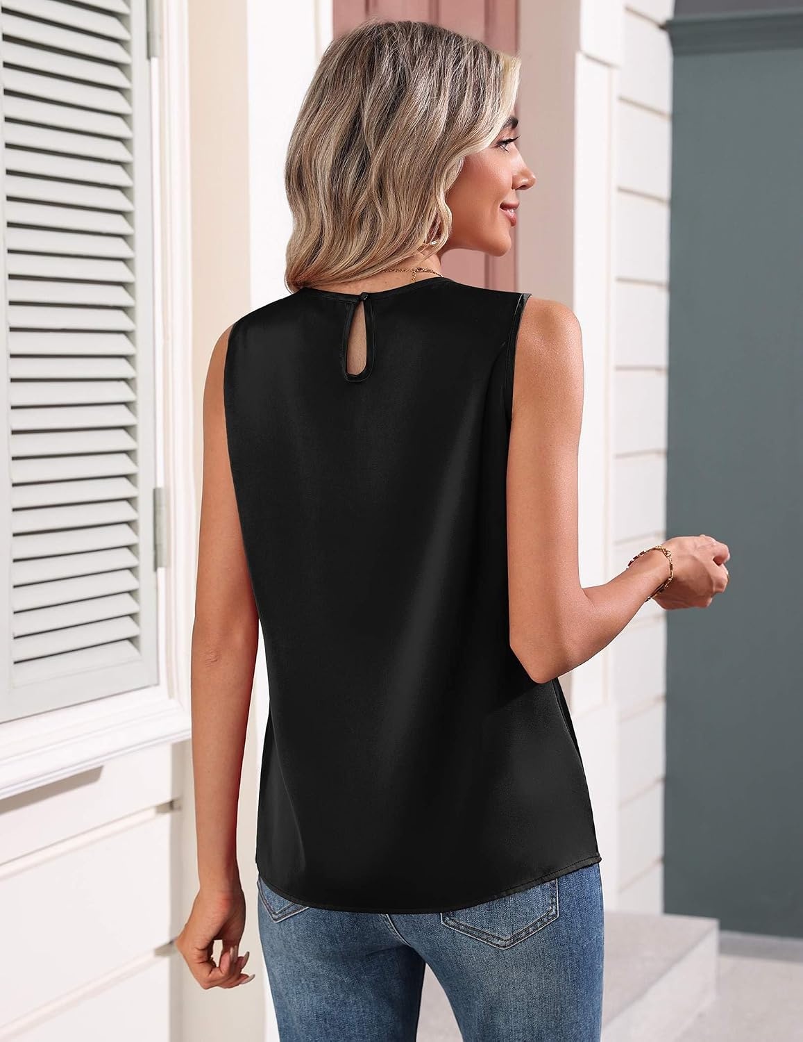 image:imageZeagoo Womens Silk Satin Tank Tops Crew Neck Pleated Camisole Sleeveless Business Work Blouse Dressy Casual Summer ShirtBlack