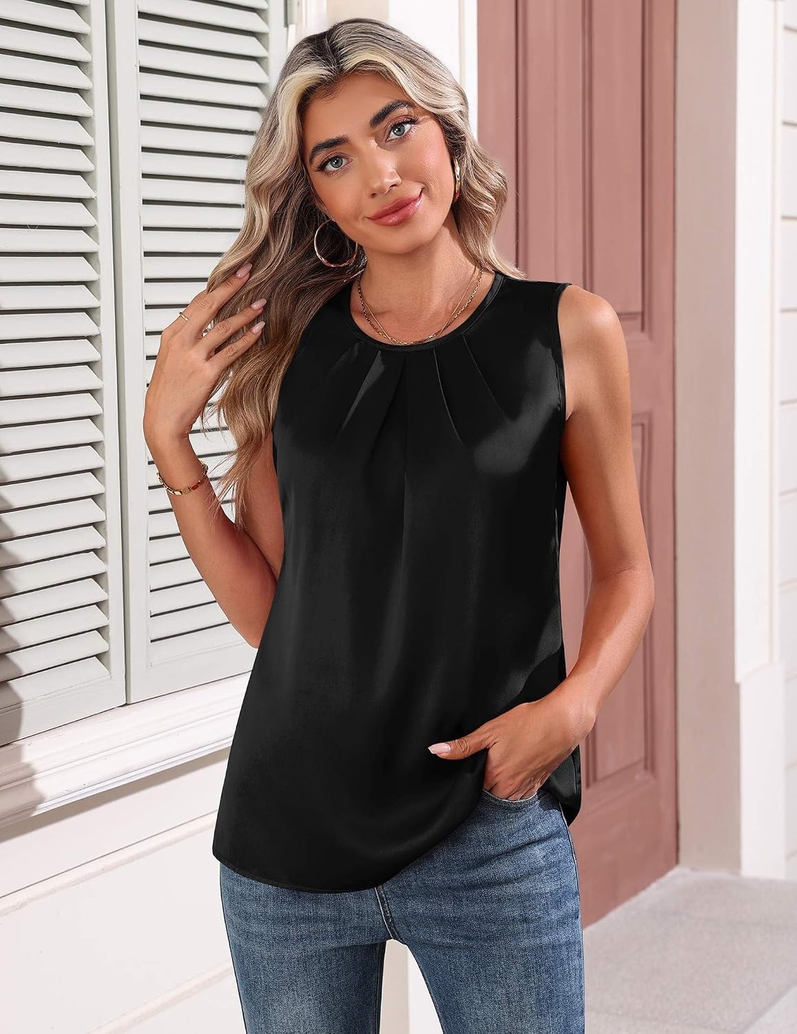 image:imageZeagoo Womens Silk Satin Tank Tops Crew Neck Pleated Camisole Sleeveless Business Work Blouse Dressy Casual Summer ShirtBlack