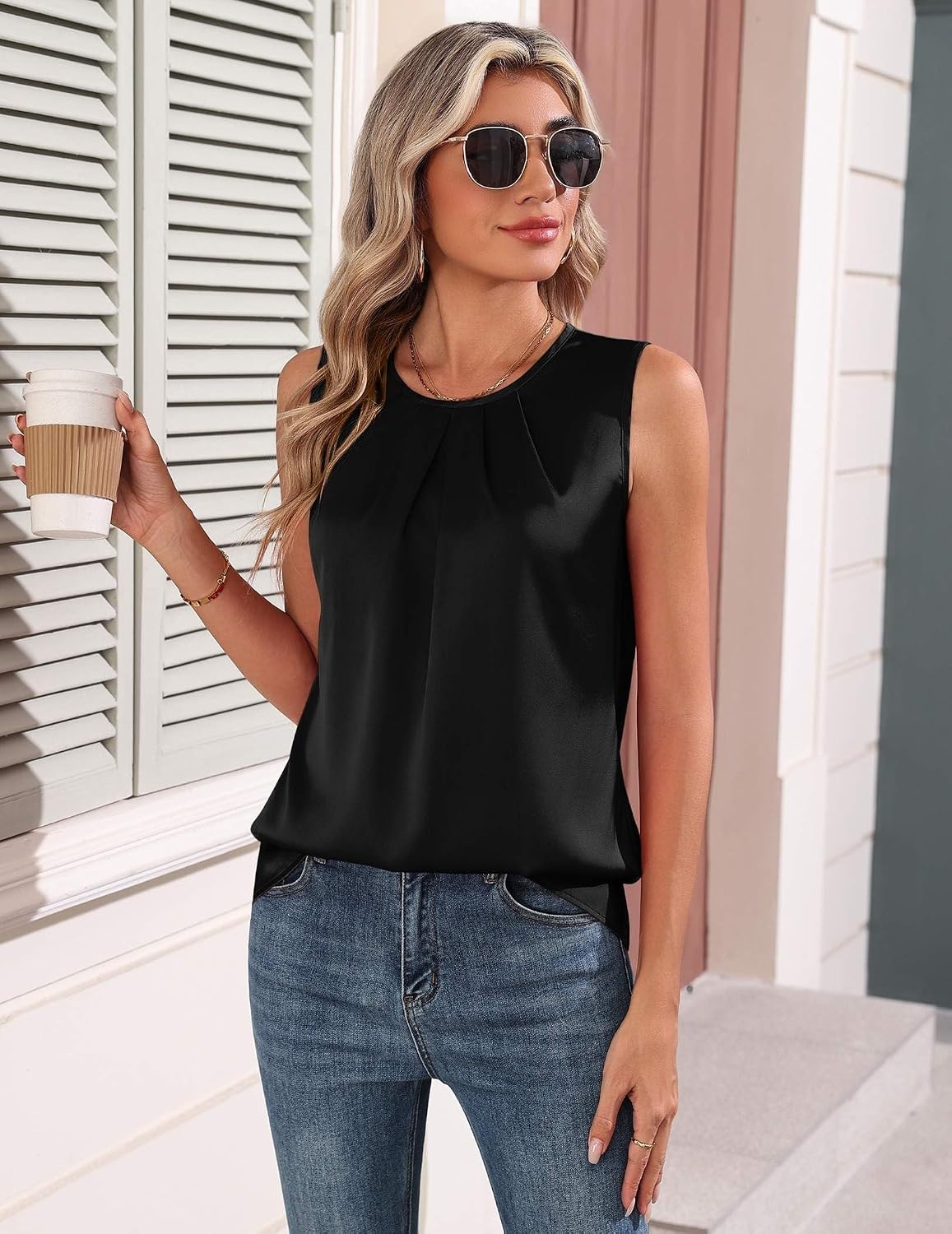 image:imageZeagoo Womens Silk Satin Tank Tops Crew Neck Pleated Camisole Sleeveless Business Work Blouse Dressy Casual Summer ShirtBlack